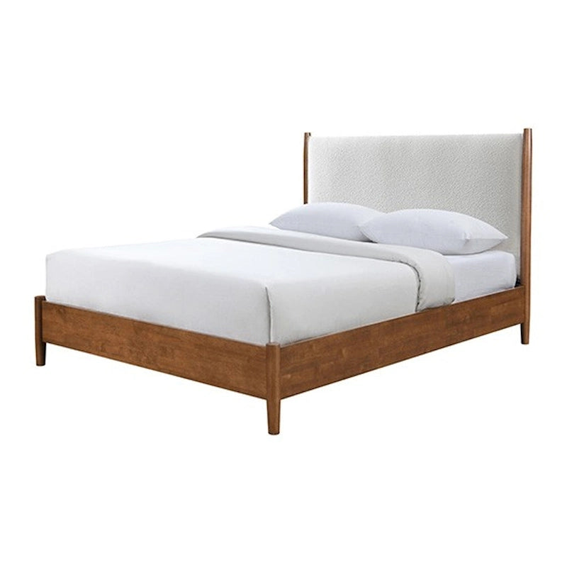 Queen-Size-Bett, beigefarbenes Bouclé-Kopfteil, nussbraunes Massivholz