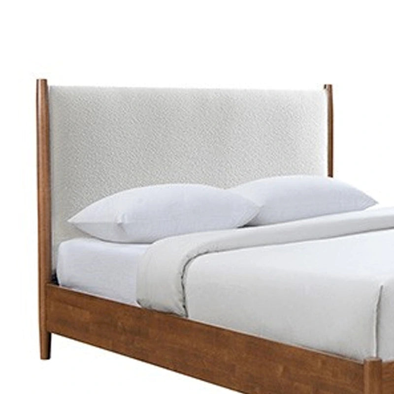 Queen-Size-Bett, beigefarbenes Bouclé-Kopfteil, nussbraunes Massivholz