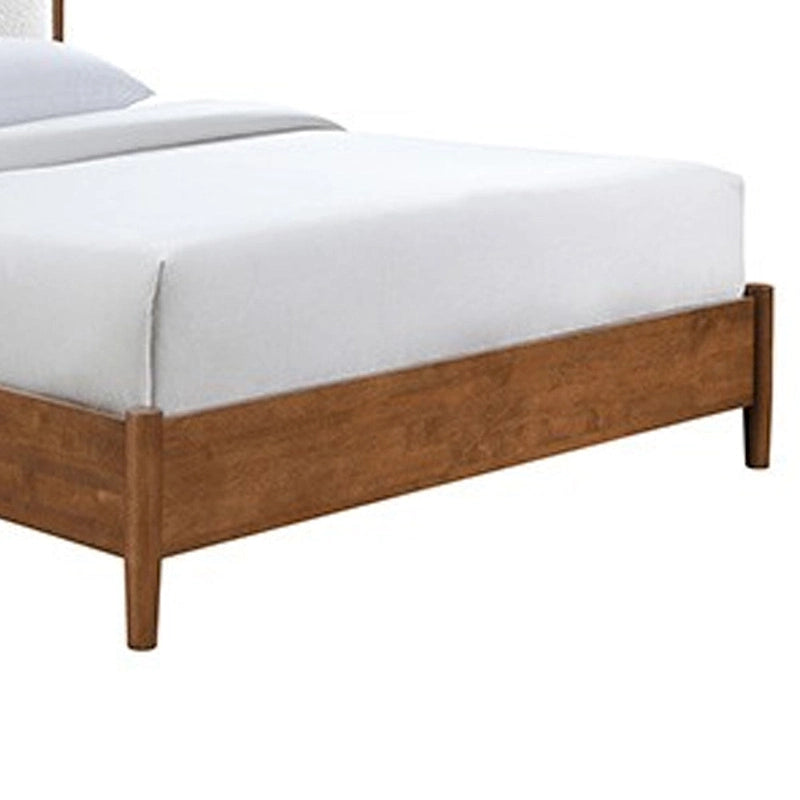 Queen-Size-Bett, beigefarbenes Bouclé-Kopfteil, nussbraunes Massivholz