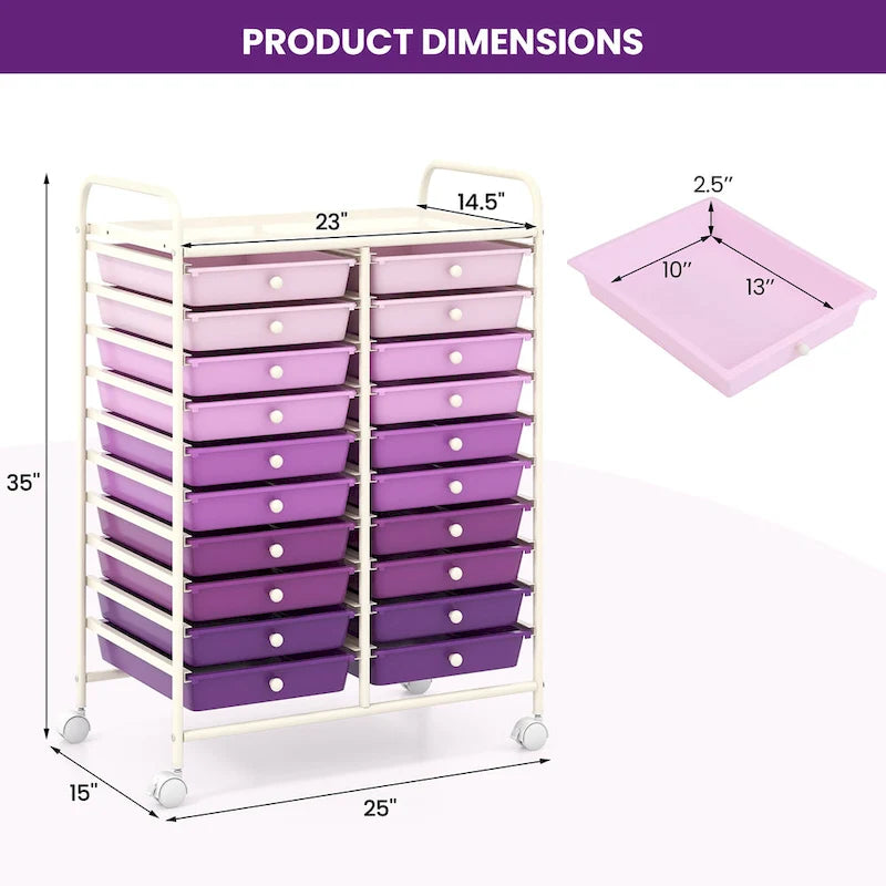 Chariot de rangement roulant à 20 tiroirs pour fournitures d'art et loisirs créatifs, sur roulettes