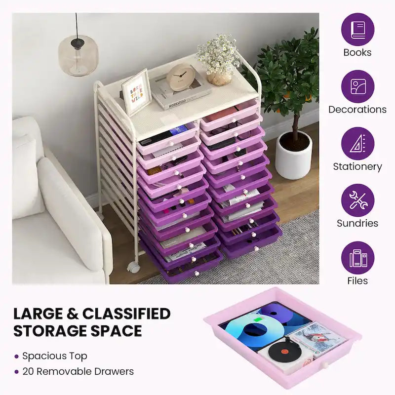 Chariot de rangement roulant à 20 tiroirs pour fournitures d'art et loisirs créatifs, sur roulettes