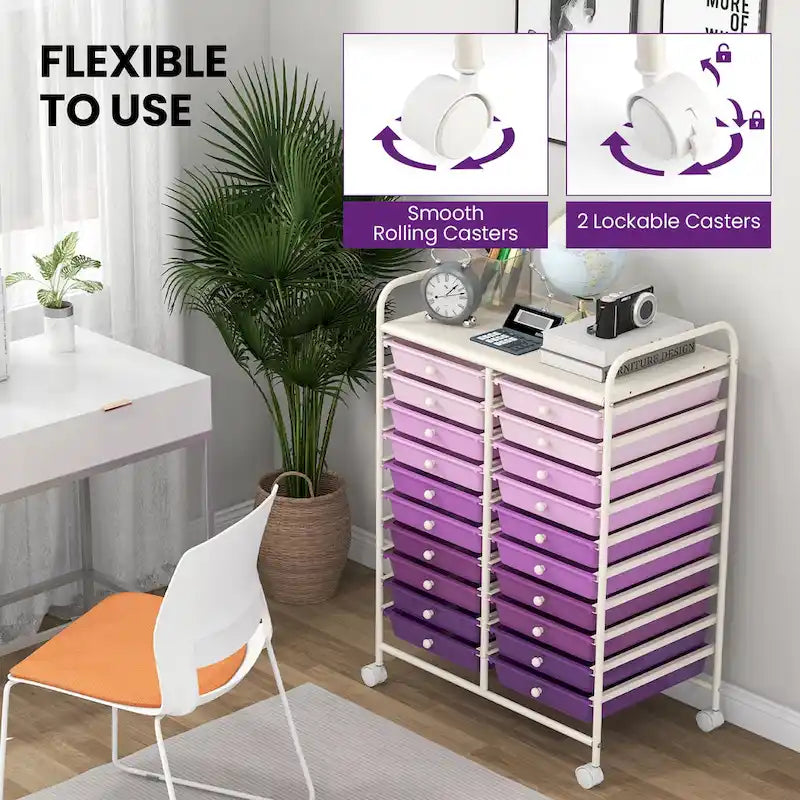 Chariot de rangement roulant à 20 tiroirs pour fournitures d'art et loisirs créatifs, sur roulettes