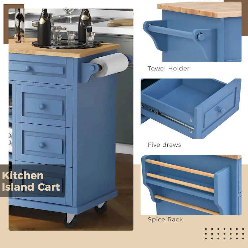 Desserte de cuisine avec plateau en bois d’hévéa, îlot de cuisine mobile sur roulettes avec rangement et 5 tiroirs, longueur de 53 pouces (tabouret non inclus)