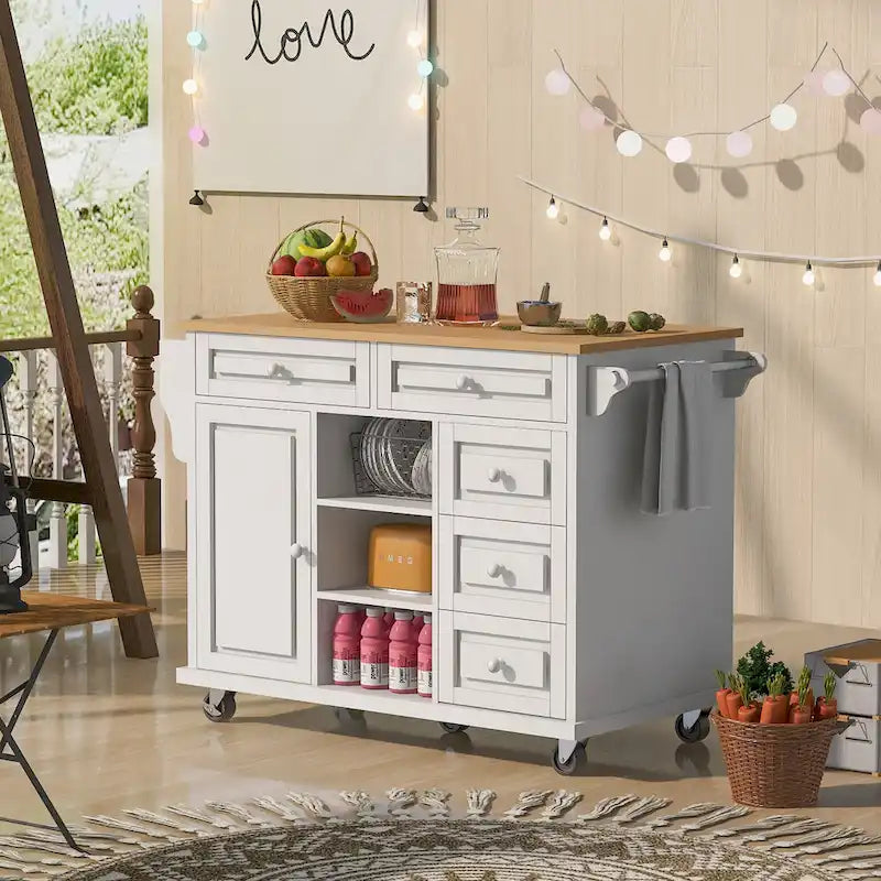 Desserte de cuisine avec plateau en bois d’hévéa, îlot de cuisine mobile sur roulettes avec rangement et 5 tiroirs, longueur de 53 pouces (tabouret non inclus)