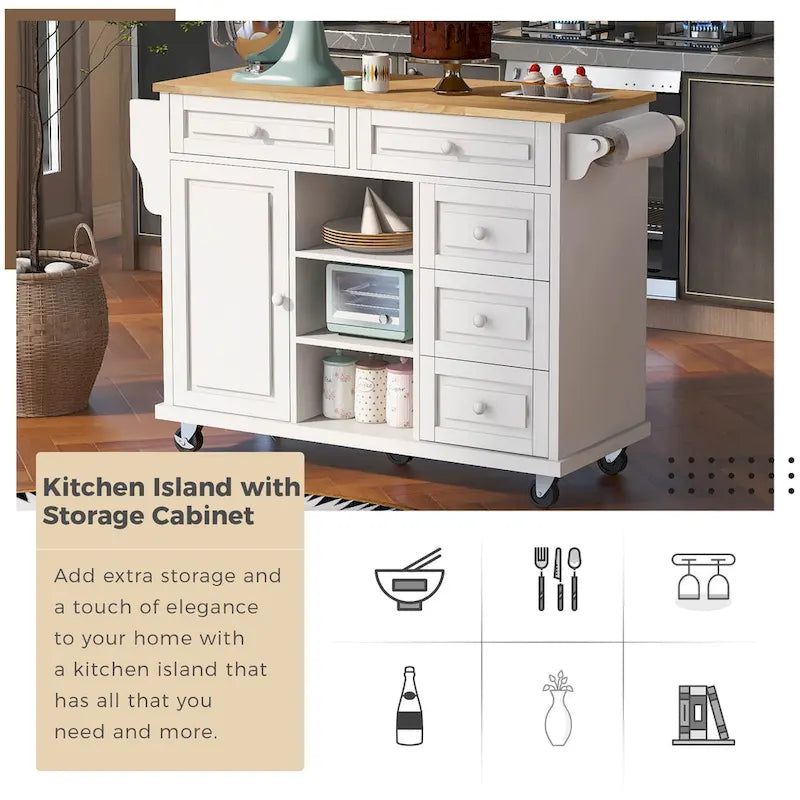 Desserte de cuisine avec plateau en bois d’hévéa, îlot de cuisine mobile sur roulettes avec rangement et 5 tiroirs, longueur de 53 pouces (tabouret non inclus)