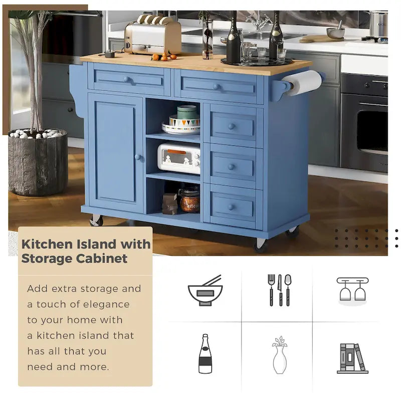Desserte de cuisine avec plateau en bois d’hévéa, îlot de cuisine mobile sur roulettes avec rangement et 5 tiroirs, longueur de 53 pouces (tabouret non inclus)