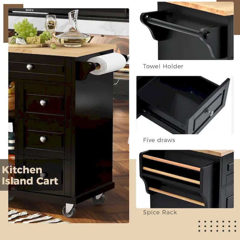 Desserte de cuisine avec plateau en bois d’hévéa, îlot de cuisine mobile sur roulettes avec rangement et 5 tiroirs, longueur de 53 pouces (tabouret non inclus)