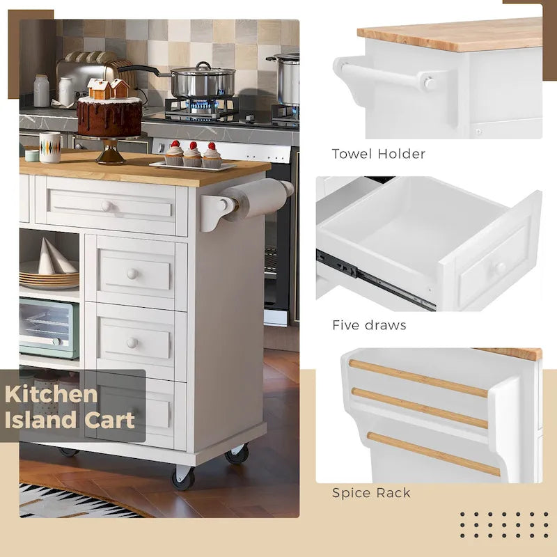 Desserte de cuisine avec plateau en bois d’hévéa, îlot de cuisine mobile sur roulettes avec rangement et 5 tiroirs, longueur de 53 pouces (tabouret non inclus)