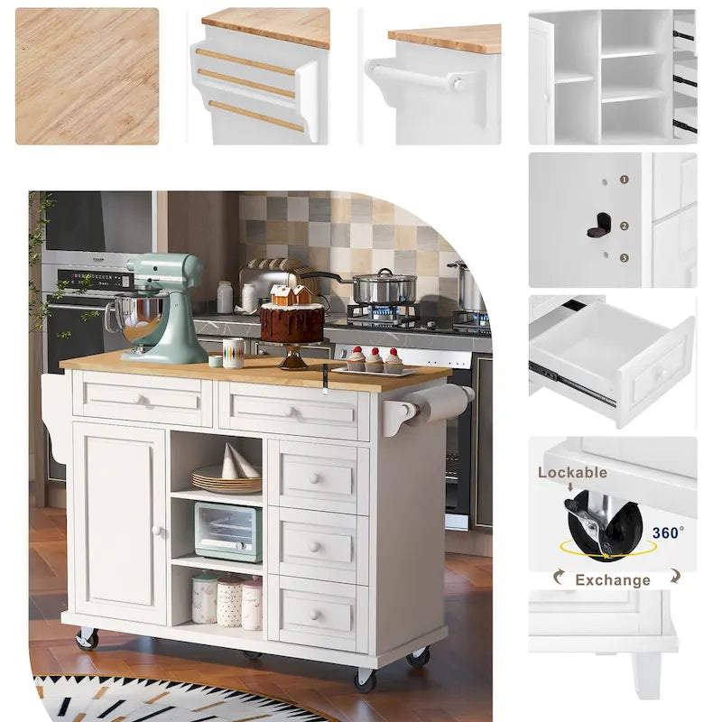 Desserte de cuisine avec plateau en bois d’hévéa, îlot de cuisine mobile sur roulettes avec rangement et 5 tiroirs, longueur de 53 pouces (tabouret non inclus)