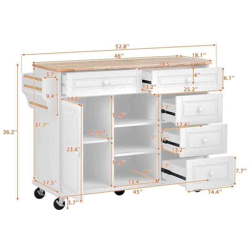 Desserte de cuisine avec plateau en bois d’hévéa, îlot de cuisine mobile sur roulettes avec rangement et 5 tiroirs, longueur de 53 pouces (tabouret non inclus)