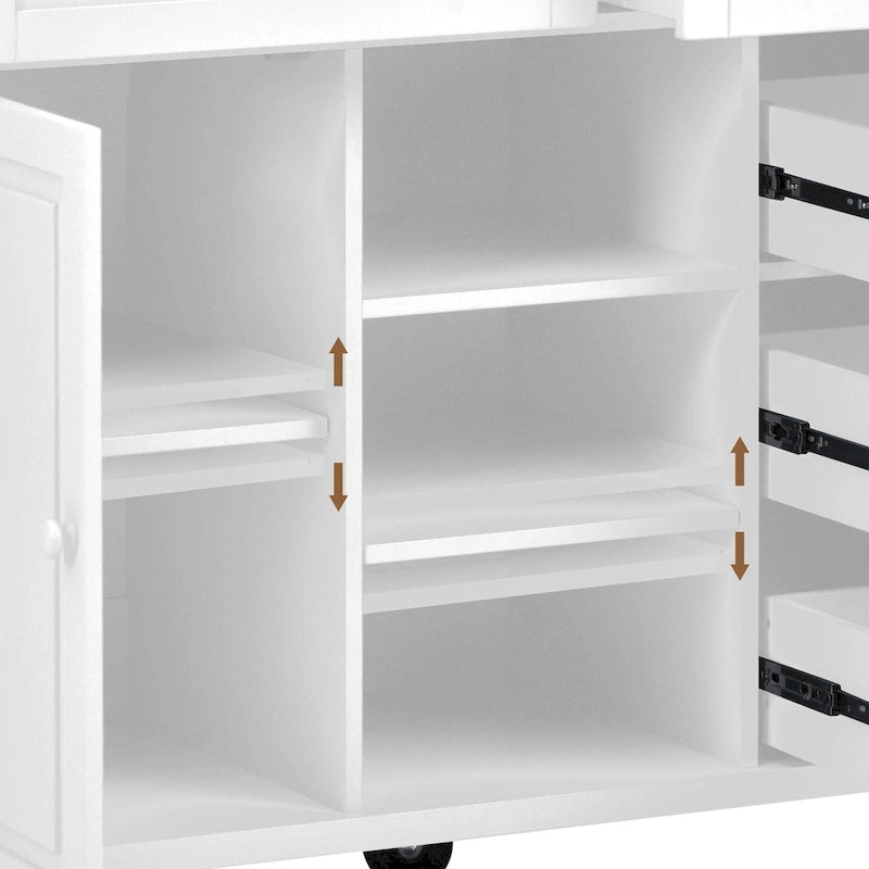 Desserte de cuisine avec plateau en bois d’hévéa, îlot de cuisine mobile sur roulettes avec rangement et 5 tiroirs, longueur de 53 pouces (tabouret non inclus)