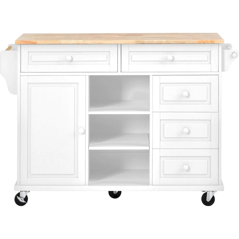 Desserte de cuisine avec plateau en bois d’hévéa, îlot de cuisine mobile sur roulettes avec rangement et 5 tiroirs, longueur de 53 pouces (tabouret non inclus)