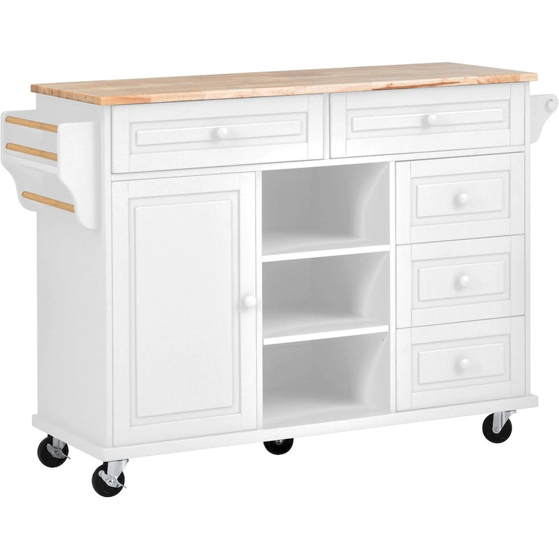 Desserte de cuisine avec plateau en bois d’hévéa, îlot de cuisine mobile sur roulettes avec rangement et 5 tiroirs, longueur de 53 pouces (tabouret non inclus)