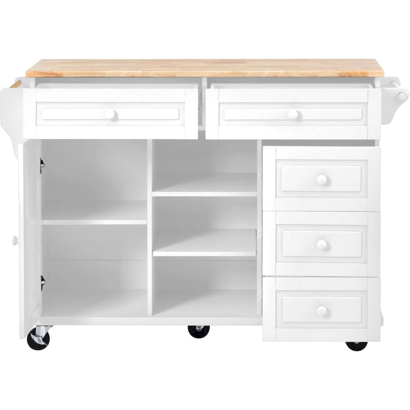Desserte de cuisine avec plateau en bois d’hévéa, îlot de cuisine mobile sur roulettes avec rangement et 5 tiroirs, longueur de 53 pouces (tabouret non inclus)