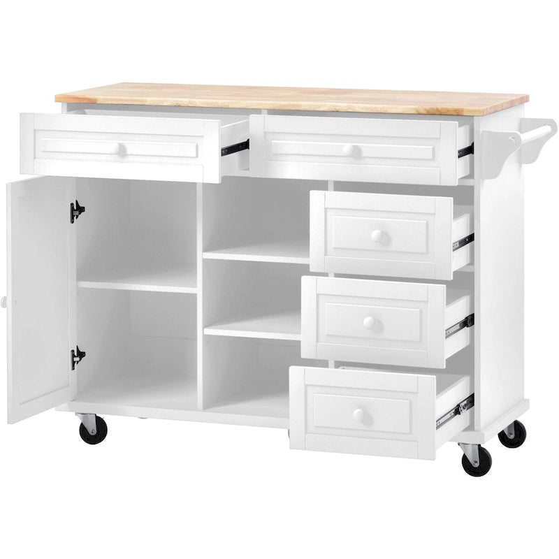 Desserte de cuisine avec plateau en bois d’hévéa, îlot de cuisine mobile sur roulettes avec rangement et 5 tiroirs, longueur de 53 pouces (tabouret non inclus)