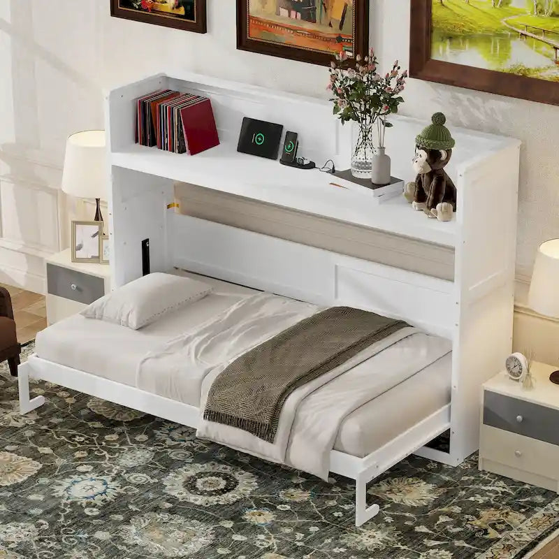 Lit escamotable XL avec bureau et éclairage LED, cadre de lit en bois massif avec station de recharge USB, pour petits espaces et bureaux à domicile