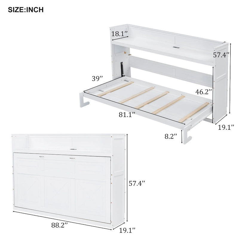 Twin XL Size Murphy Bed with Desk & LED Light, Solid Wood Bed Frame with USB Charging Station, for Small Spaces and Home Offices