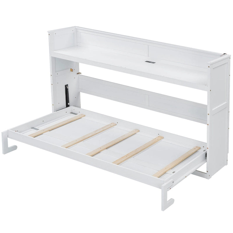 Lit escamotable XL avec bureau et éclairage LED, cadre de lit en bois massif avec station de recharge USB, pour petits espaces et bureaux à domicile