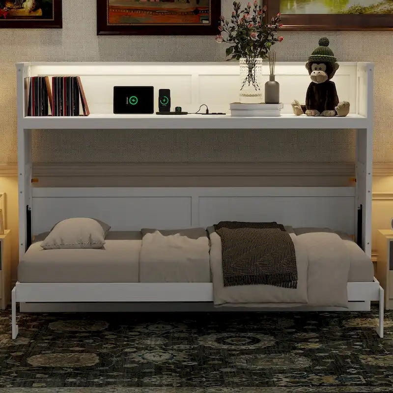 Lit escamotable XL avec bureau et éclairage LED, cadre de lit en bois massif avec station de recharge USB, pour petits espaces et bureaux à domicile