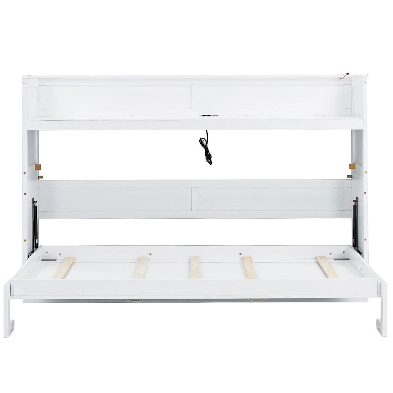 Lit escamotable XL avec bureau et éclairage LED, cadre de lit en bois massif avec station de recharge USB, pour petits espaces et bureaux à domicile