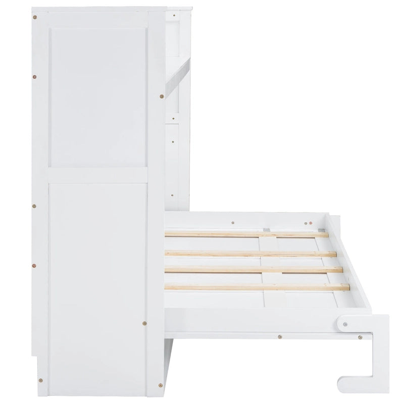 Lit escamotable XL avec bureau et éclairage LED, cadre de lit en bois massif avec station de recharge USB, pour petits espaces et bureaux à domicile
