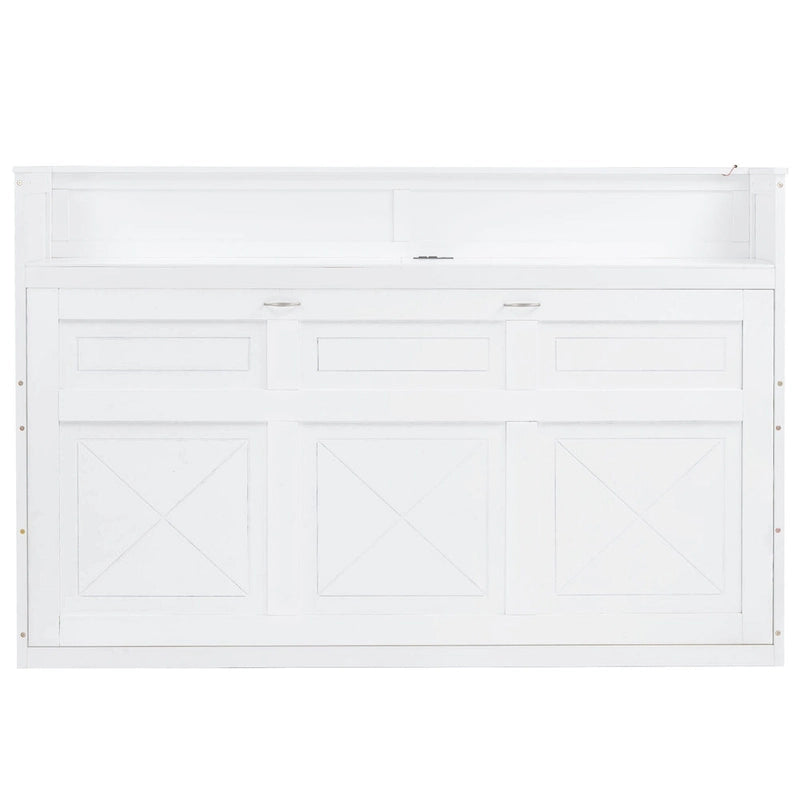 Lit escamotable XL avec bureau et éclairage LED, cadre de lit en bois massif avec station de recharge USB, pour petits espaces et bureaux à domicile