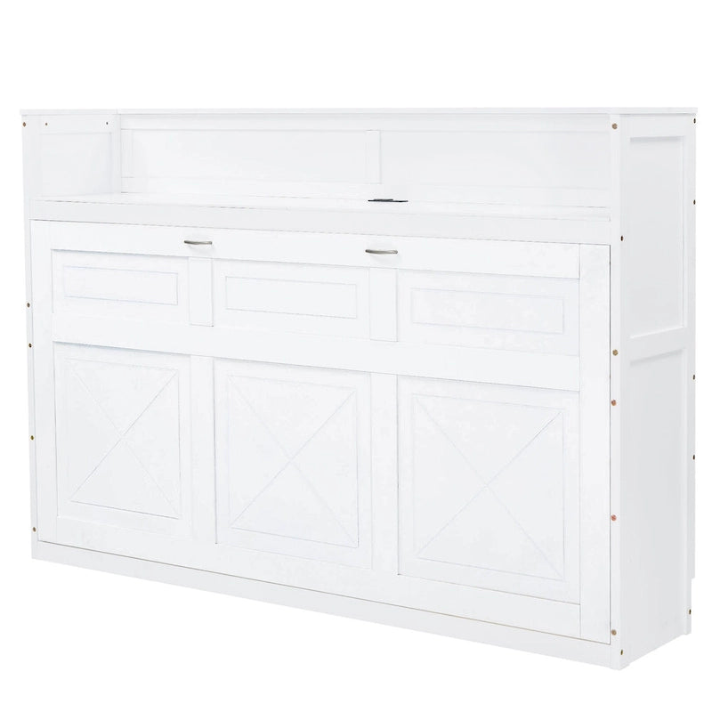Lit escamotable XL avec bureau et éclairage LED, cadre de lit en bois massif avec station de recharge USB, pour petits espaces et bureaux à domicile