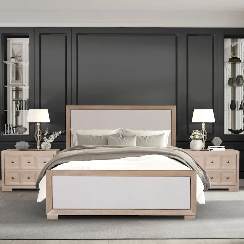 Lit à panneaux en tissu et bois massif de style classique moderne