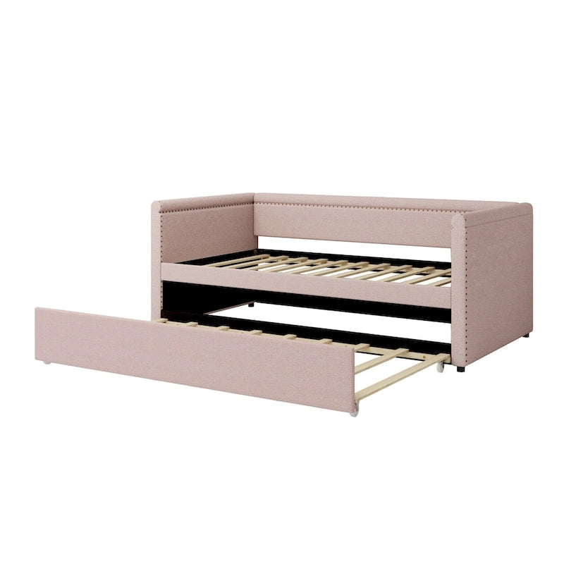 Lit de repos rembourré 1 place avec lit gigogne, tissu lin moderne, sommier tapissier inutile