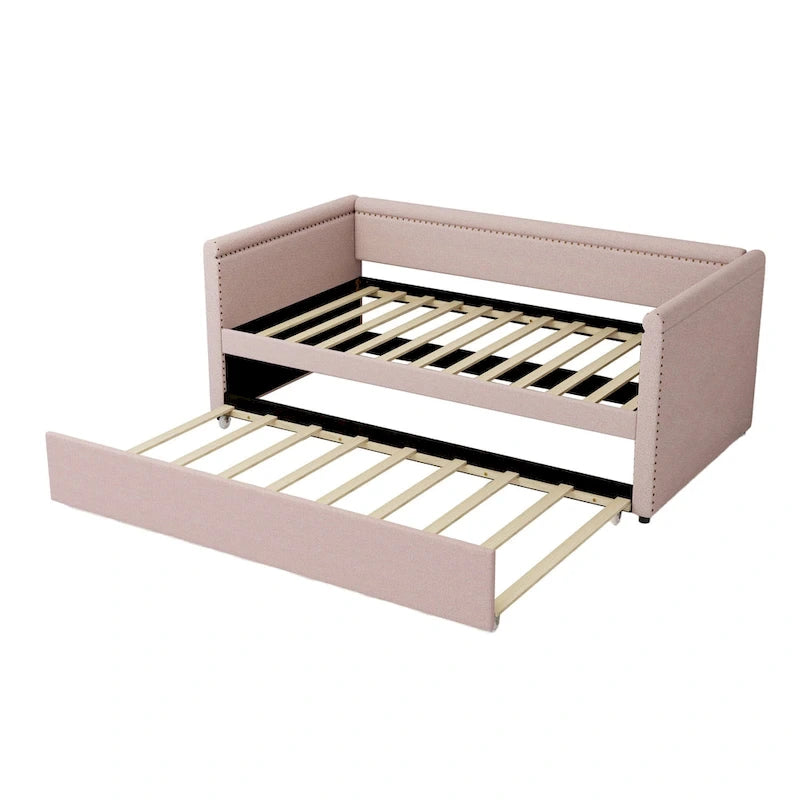 Lit de repos rembourré 1 place avec lit gigogne, tissu lin moderne, sommier tapissier inutile