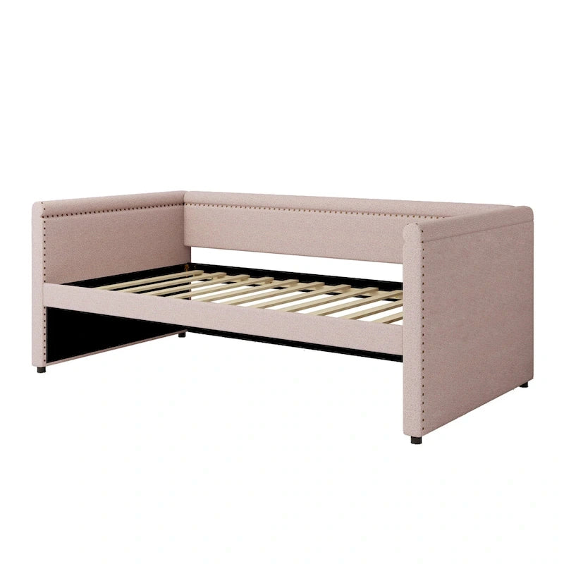Lit de repos rembourré 1 place avec lit gigogne, tissu lin moderne, sommier tapissier inutile