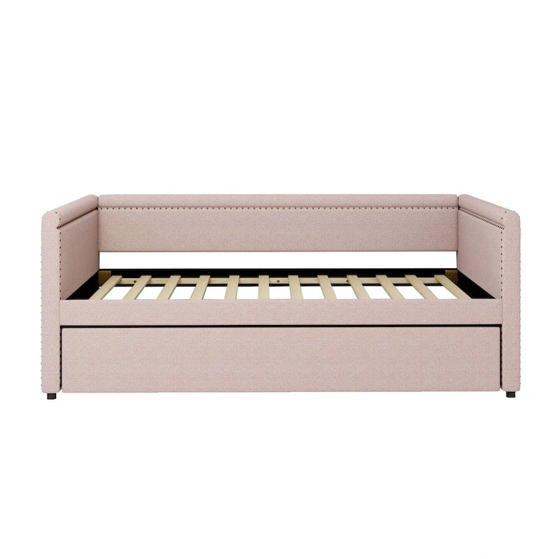 Lit de repos rembourré 1 place avec lit gigogne, tissu lin moderne, sommier tapissier inutile