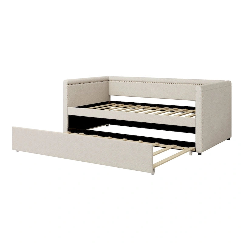 Lit de repos rembourré 1 place avec lit gigogne, tissu lin moderne, sommier tapissier inutile