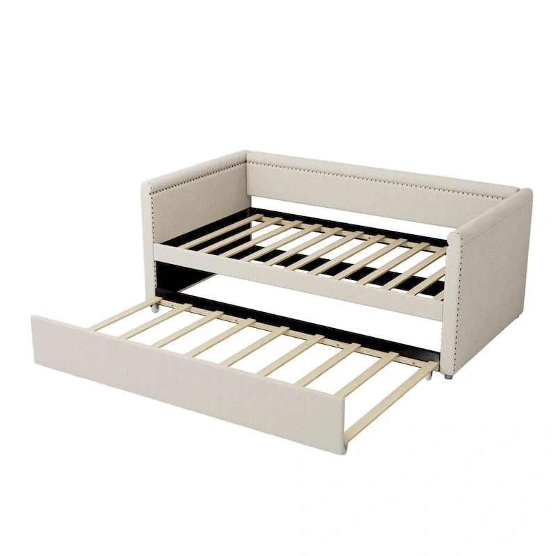 Lit de repos rembourré 1 place avec lit gigogne, tissu lin moderne, sommier tapissier inutile