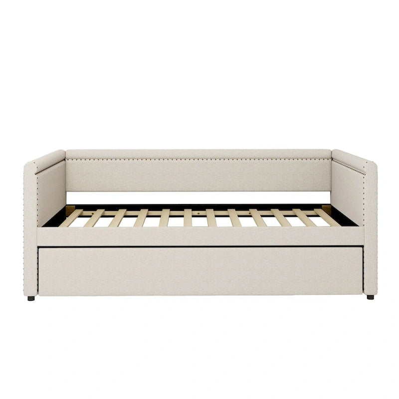 Lit de repos rembourré 1 place avec lit gigogne, tissu lin moderne, sommier tapissier inutile