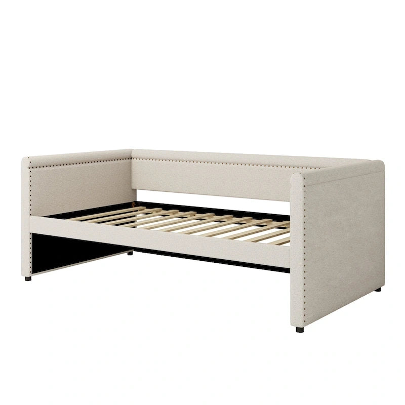 Lit de repos rembourré 1 place avec lit gigogne, tissu lin moderne, sommier tapissier inutile