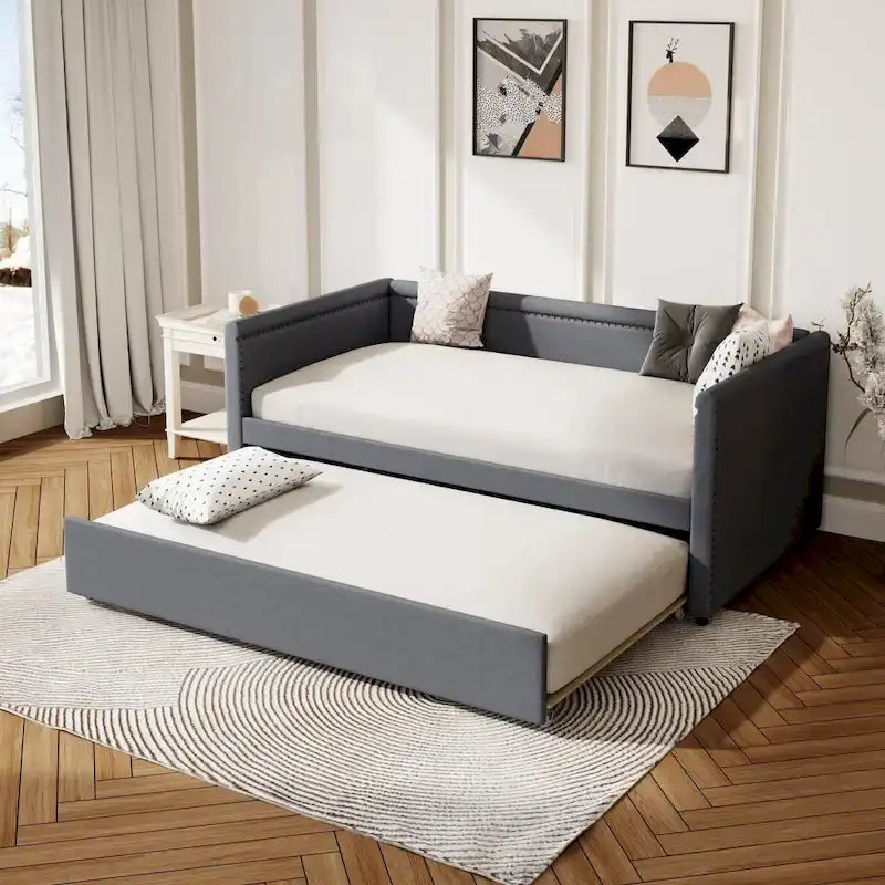 Lit de repos rembourré 1 place avec lit gigogne, tissu lin moderne, sommier tapissier inutile