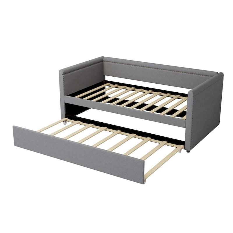 Lit de repos rembourré 1 place avec lit gigogne, tissu lin moderne, sommier tapissier inutile