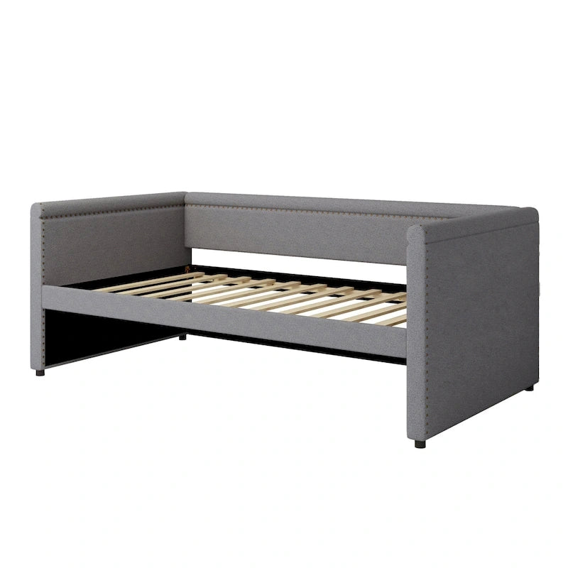 Lit de repos rembourré 1 place avec lit gigogne, tissu lin moderne, sommier tapissier inutile