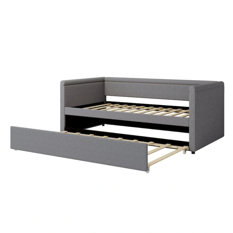 Lit de repos rembourré 1 place avec lit gigogne, tissu lin moderne, sommier tapissier inutile