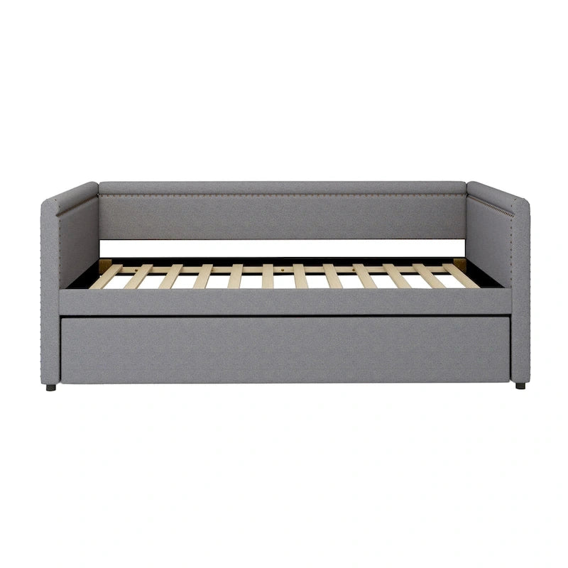 Lit de repos rembourré 1 place avec lit gigogne, tissu lin moderne, sommier tapissier inutile