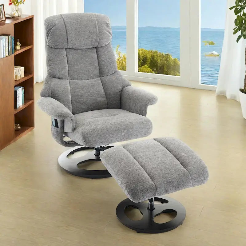 Chenille-Massagesessel mit 360°-Drehfunktion und Hocker, Massage- und beheizter Sitzfläche