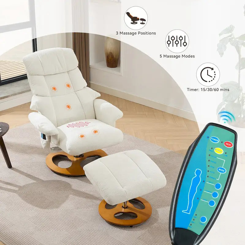 Chenille-Massagesessel mit 360°-Drehfunktion und Hocker, Massage- und beheizter Sitzfläche