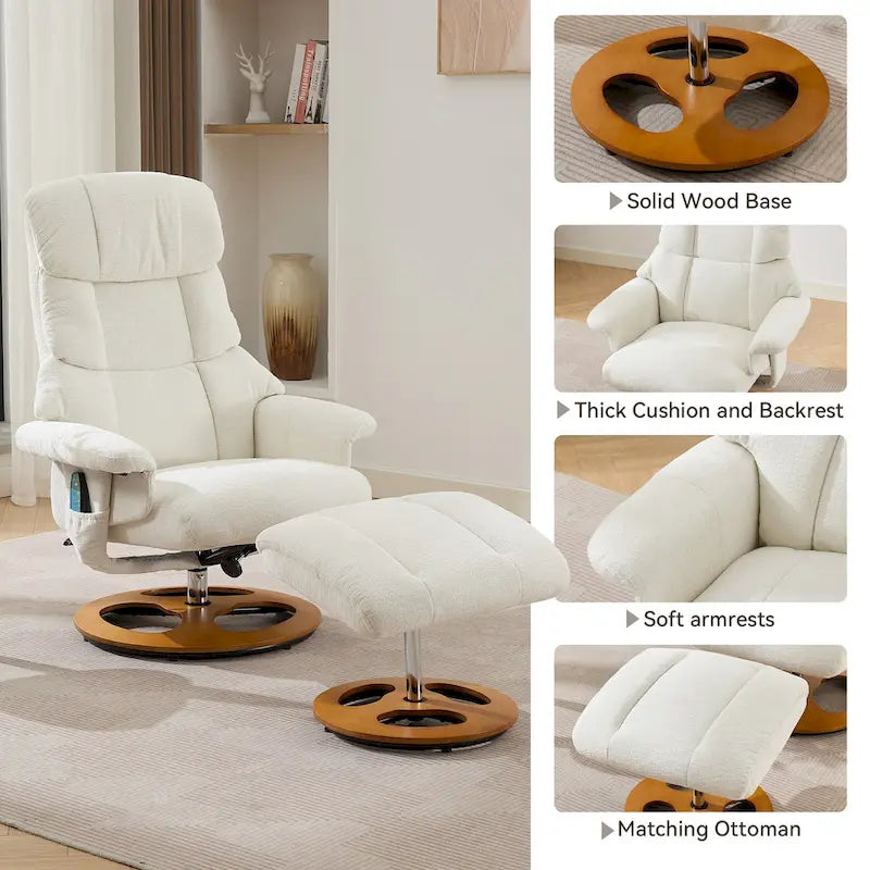 Chenille-Massagesessel mit 360°-Drehfunktion und Hocker, Massage- und beheizter Sitzfläche