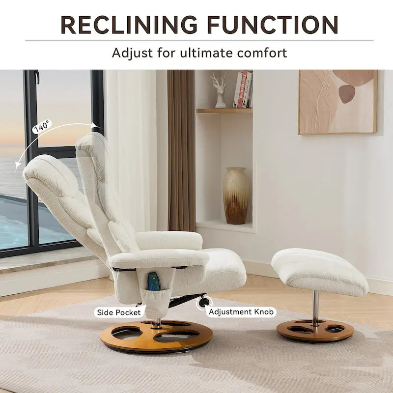 Chenille-Massagesessel mit 360°-Drehfunktion und Hocker, Massage- und beheizter Sitzfläche
