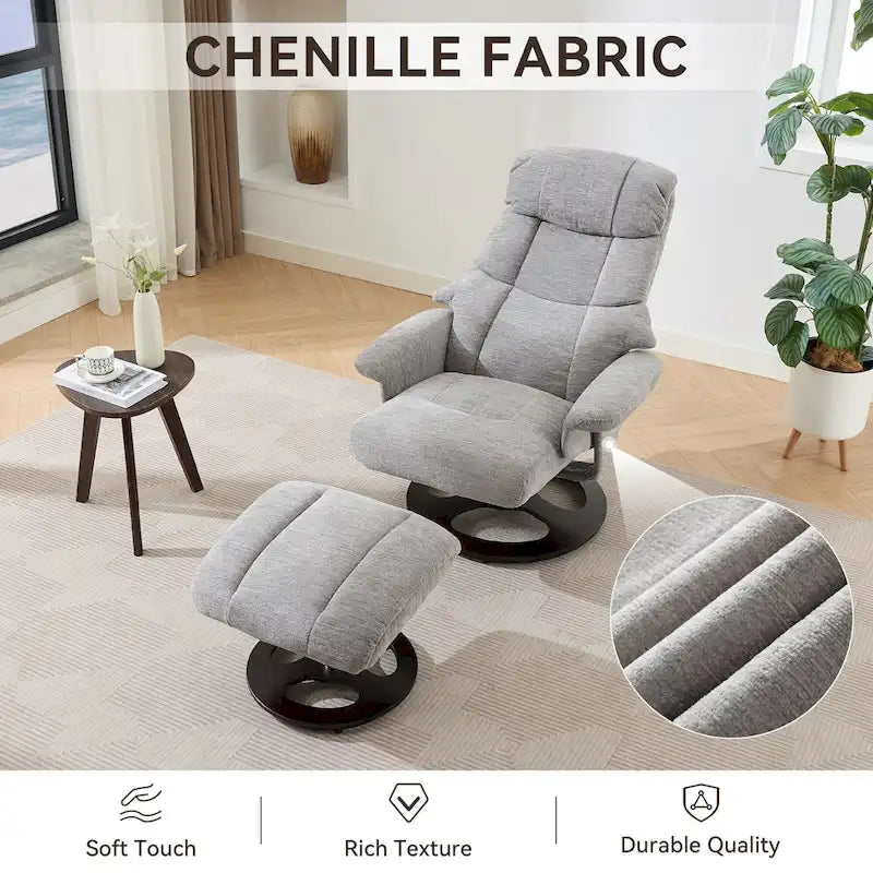 Chenille 360 Swivel Massage Recliner Chair with Ottoman, Massage and Heated Seat