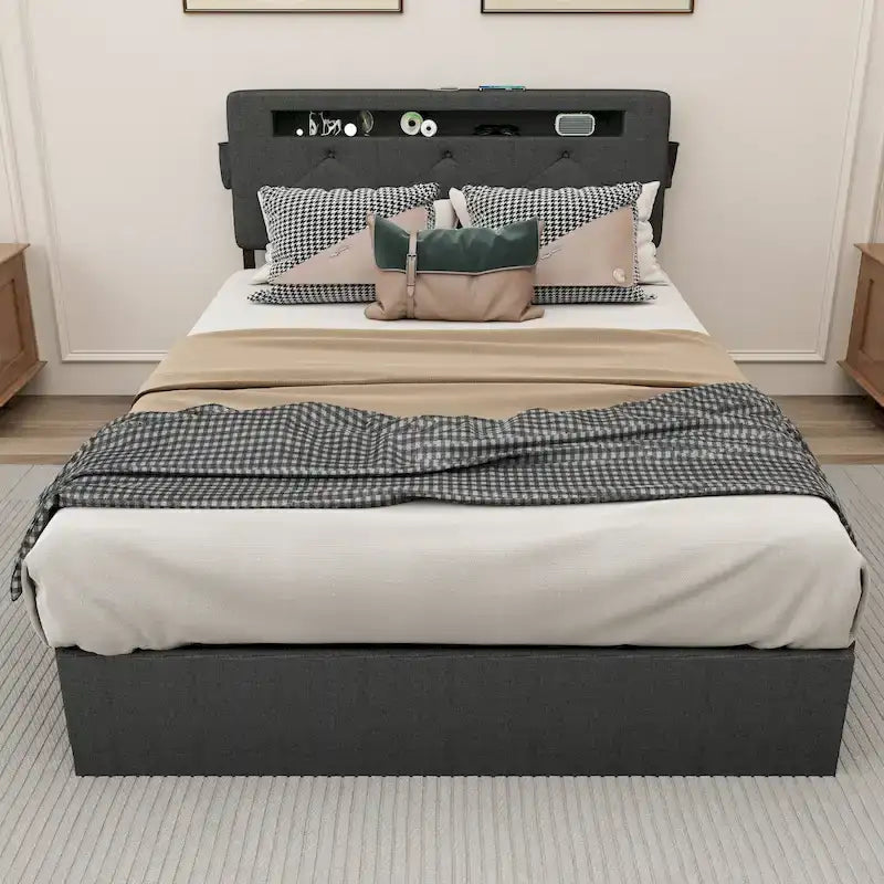 Lit plateforme Queen gris foncé avec 4 tiroirs de rangement, ports USB et éclairage LED