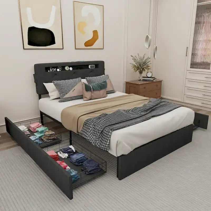Lit plateforme Queen gris foncé avec 4 tiroirs de rangement, ports USB et éclairage LED