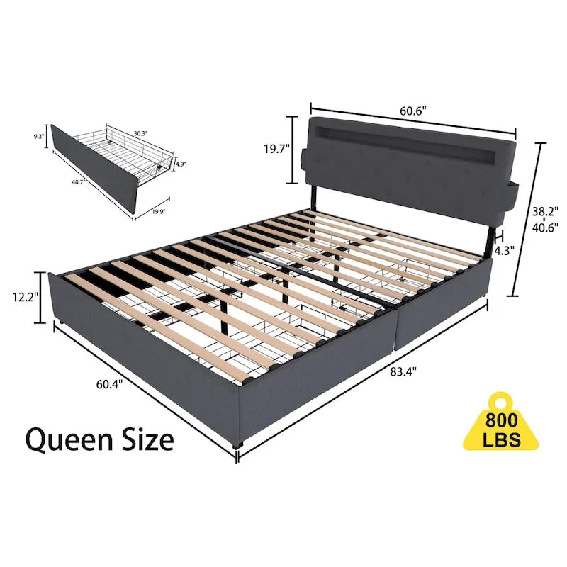 Lit plateforme Queen gris foncé avec 4 tiroirs de rangement, ports USB et éclairage LED