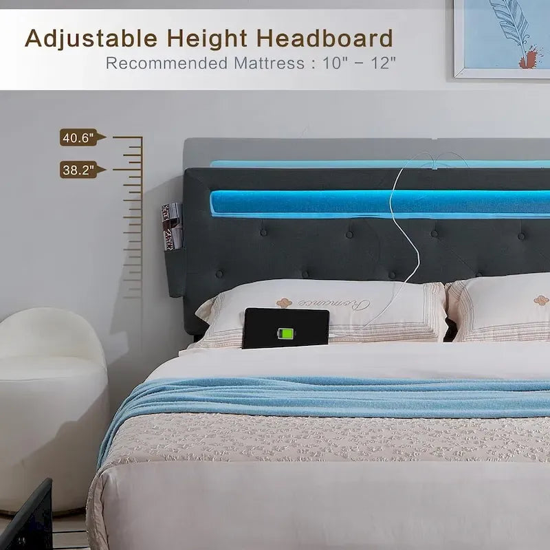 Lit plateforme Queen gris foncé avec 4 tiroirs de rangement, ports USB et éclairage LED